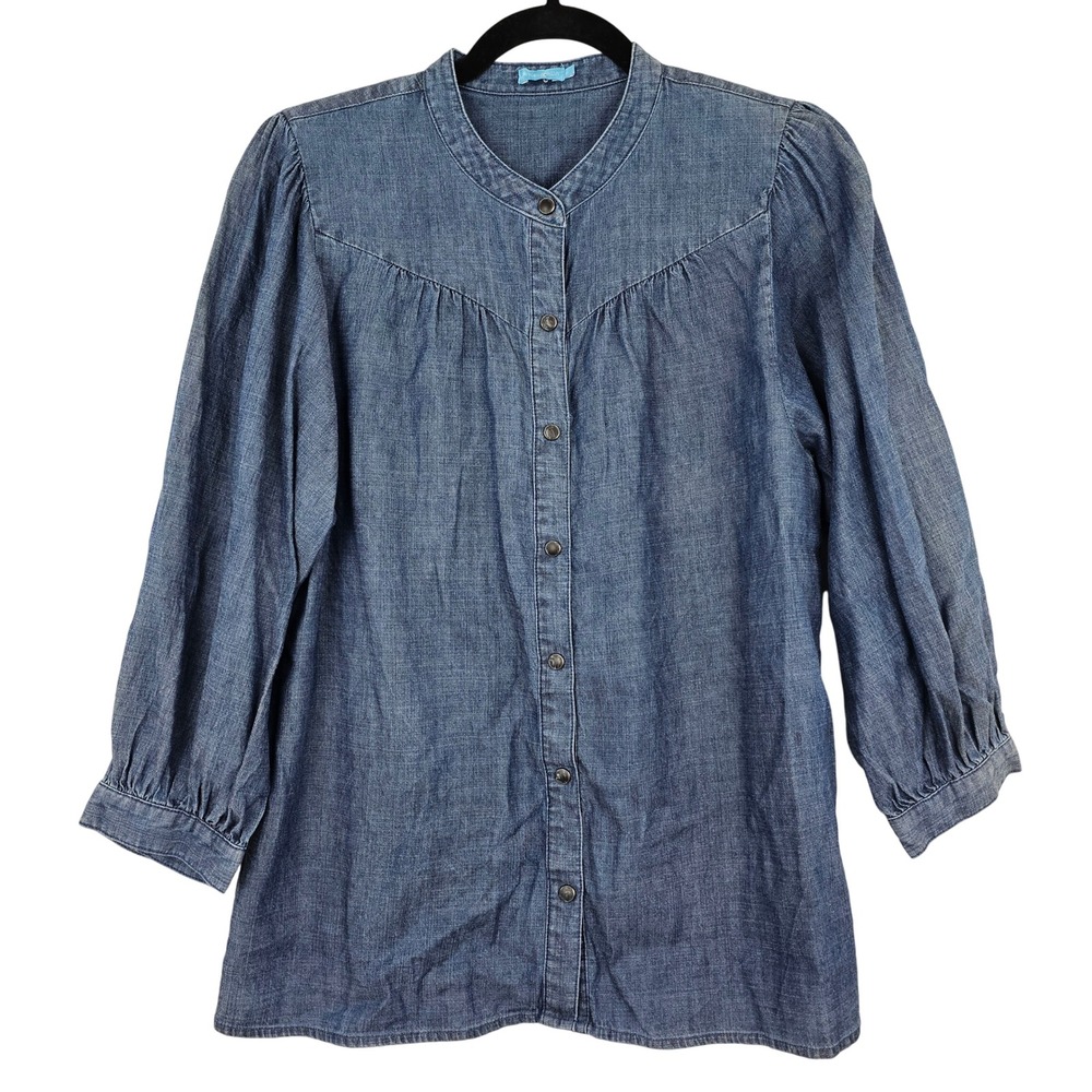 Mclaughlin‎ Chambray Snap Up Tunic Top Linen Women's Medium 3/4 Sleeve Blue